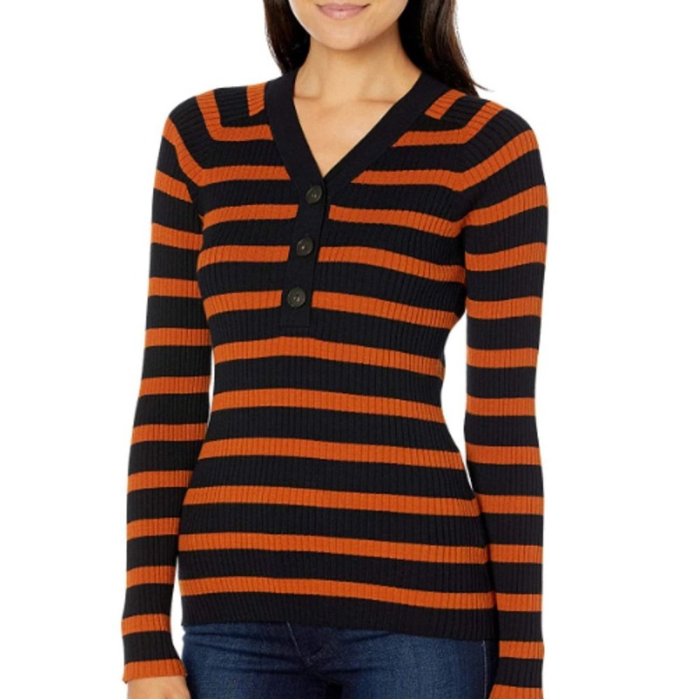 Lark & Ro Rib Long Sleeve Henley Sweater Black/Orange size XL